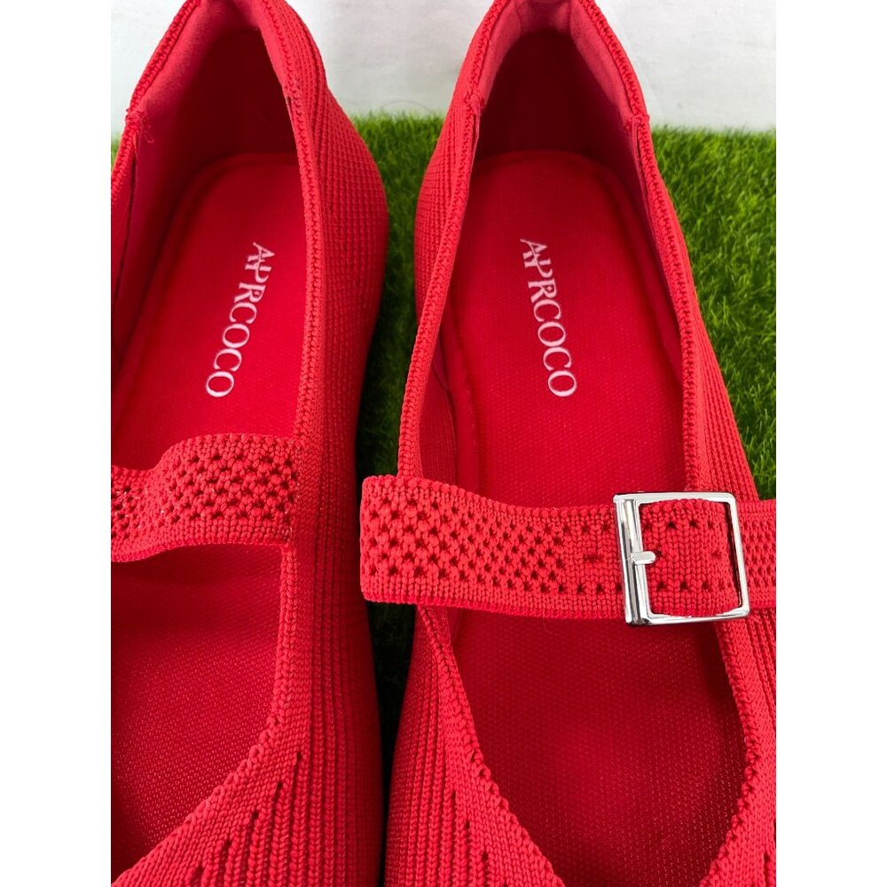 Red Mary Jane Style Knit Flats With Adjustable Buckle Strap - Picture 7 of 9